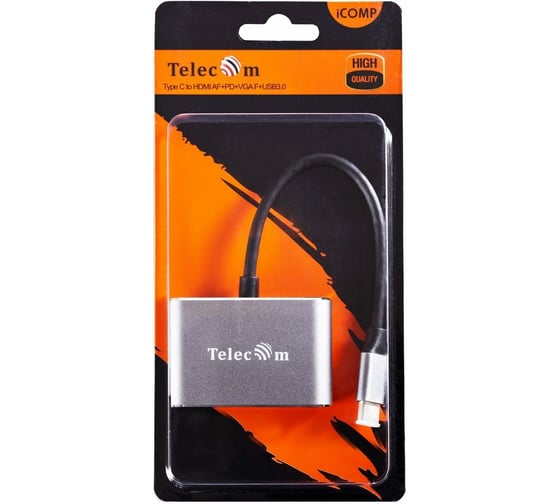 Кабель-концентратор Telecom, USB3.1 TypeCm --HDMI+USB3.0+PD+VGA Alum Grey 4K@30Hz TUC055