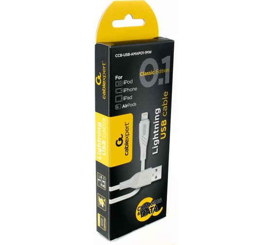 Кабель для Apple Cablexpert, AM/Lightning, издание Classic 0.1, длина 1м, белый CCB-USB-AMAPO1-1MW
