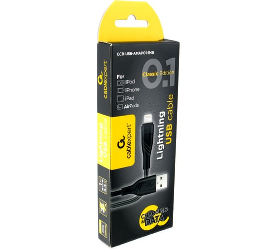 Кабель для Apple Cablexpert AM/Lightning, длина 1м, черный CCB-USB-AMAPO1-1MB