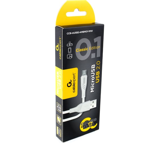 Кабель Cablexpert, USB 2.0 AM/microB, издание Classic 0.1, длина 1м, белый CCB-mUSB2-AMBMO1-1MW