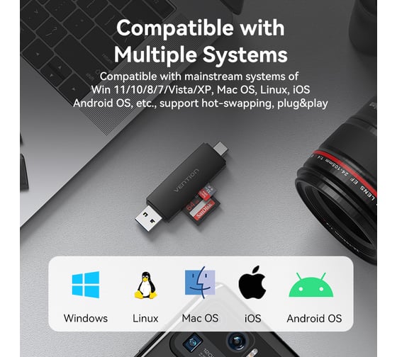 Картридер VENTION USB 3.0 A+C (SD+TF) Черный CLKB0