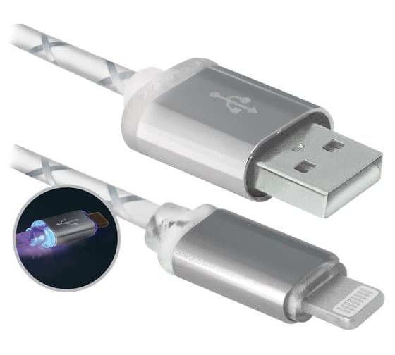 USB-кабель DEFENDER ACH03-03LT cерый, LED, USB-Lightning, 1м 87550 1