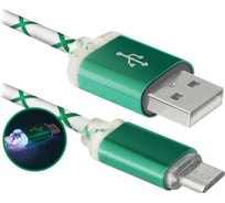 USB-кабель DEFENDER USB08-03LT USB2.0 зеленый, LED, AM-MicroBM, 1м 87557