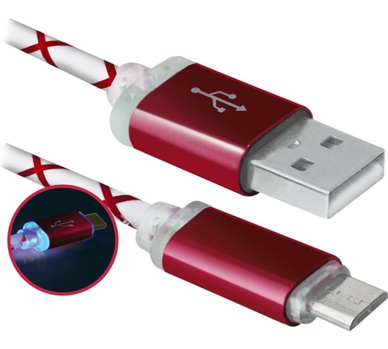 USB-кабель DEFENDER USB08-03LT USB2.0 красный, LED, AM-MicroBM, 1м 87556 1