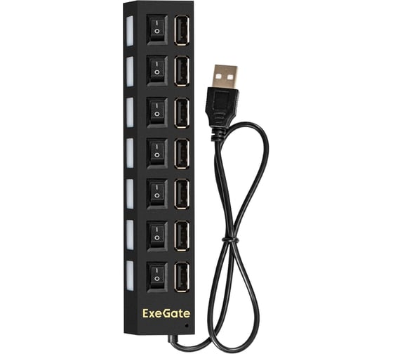 USB-Хаб ExeGate концентратор 7-в-1 DUB-72SW кабель-адаптер USB2.0 -- 7xUSB2.0, кнопки включения/отключения для каждого порта, Plug Play, черный 293978
