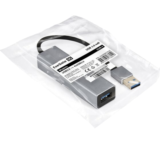 USB-Хаб ExeGate концентратор 4-в-1 DUB-4 кабель-адаптер USB3.0 -- 4xUSB3.0, Plug Play, корпус алюминиевый, серебристый 293981