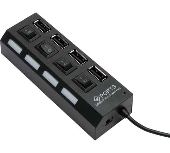 Разветвитель Gembird USB2.0 4хUSB, блок питания 2А, подсветка и выкл, кабель USB 55см, черный, UHB-U2P4-02A
