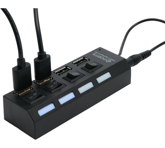 Разветвитель Gembird USB2.0 4хUSB, блок питания 2А, подсветка и выкл, кабель USB 55см, черный, UHB-U2P4-02A