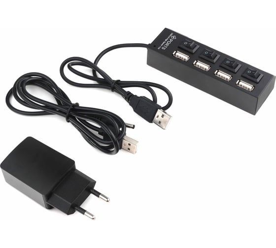 Разветвитель Gembird USB2.0 4хUSB, блок питания 2А, подсветка и выкл, кабель USB 55см, черный, UHB-U2P4-02A