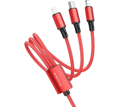 USB-кабель Borofone 3-в-1 BX72 AM-8pin, microBM, Type-C, 1 метр, 2A, нейлон, красный 23752-BX72imtR