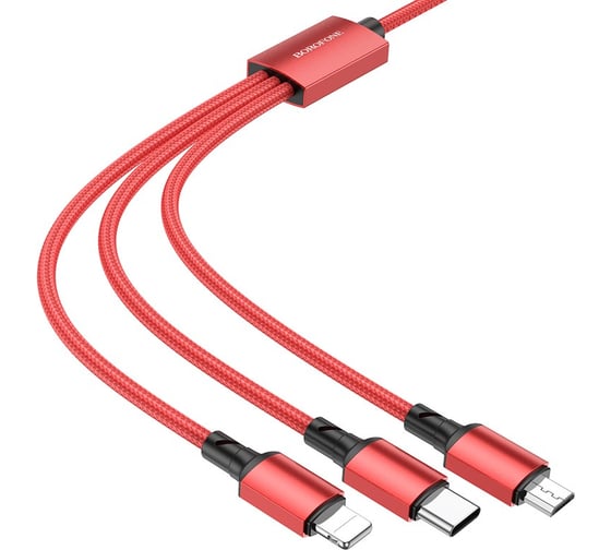 USB-кабель Borofone 3-в-1 BX72 AM-8pin, microBM, Type-C, 1 метр, 2A, нейлон, красный 23752-BX72imtR