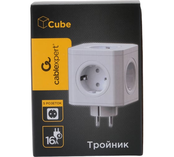 Тройник Cablexpert Tower 5р, 16А, заземл, белый, коробка, CUBE-5-16-W