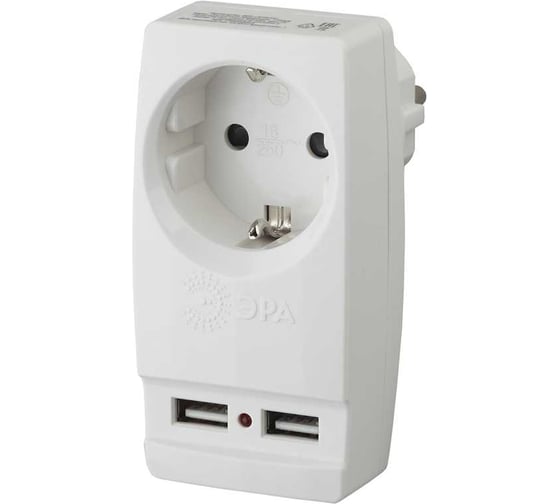 Разветвитель электрический ЭРА SP1eUSBI на 1 розетку 2 USB с заземлением 16А сл. кость Б0027836