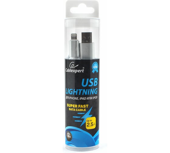 Кабель для Apple Cablexpert, AM/Lightning, длина 1.8м, серебристый, CC-U-APUSB01S-1.8M 1