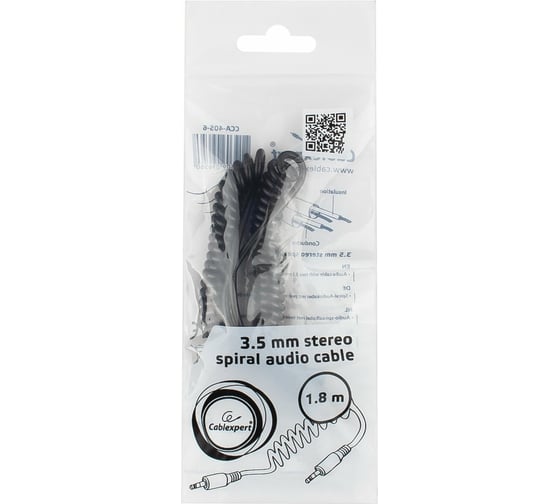 Аудио кабель Cablexpert спиральный Jack 3.5(M)/Jack 3.5(M), 3pin, 1.8 м, черный, пакет CCA-405-6