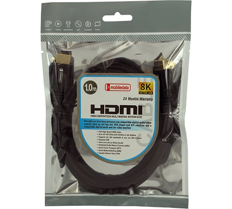 Кабель mobiledata HDMI - HDMI V. 2.1, 8К, HDR в нейлоновой оплетке, 1.0 м HDMI-2.1-HDR-1.0