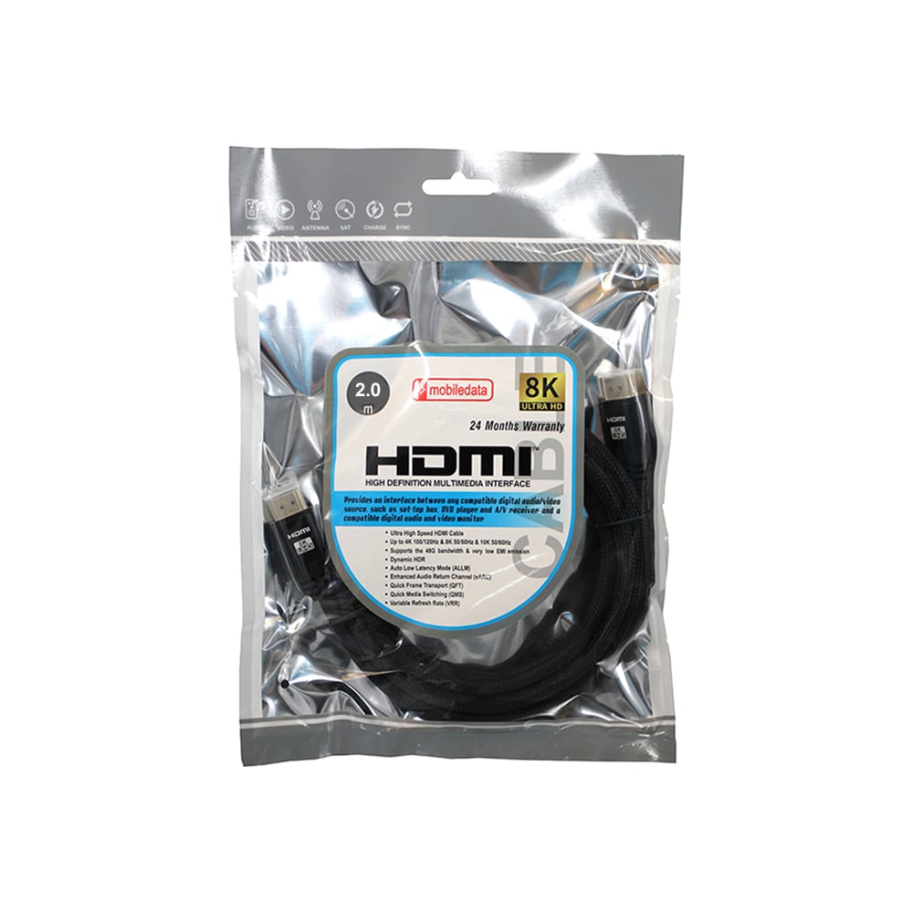 Кабель mobiledata HDMI - HDMI, V. 2.1, 8К, HDR, в нейлоновой оплетке, 2.0  м, HDMI-2.1-HDR-2.0 - выгодная цена, отзывы, характеристики, фото - купить  в Москве и РФ