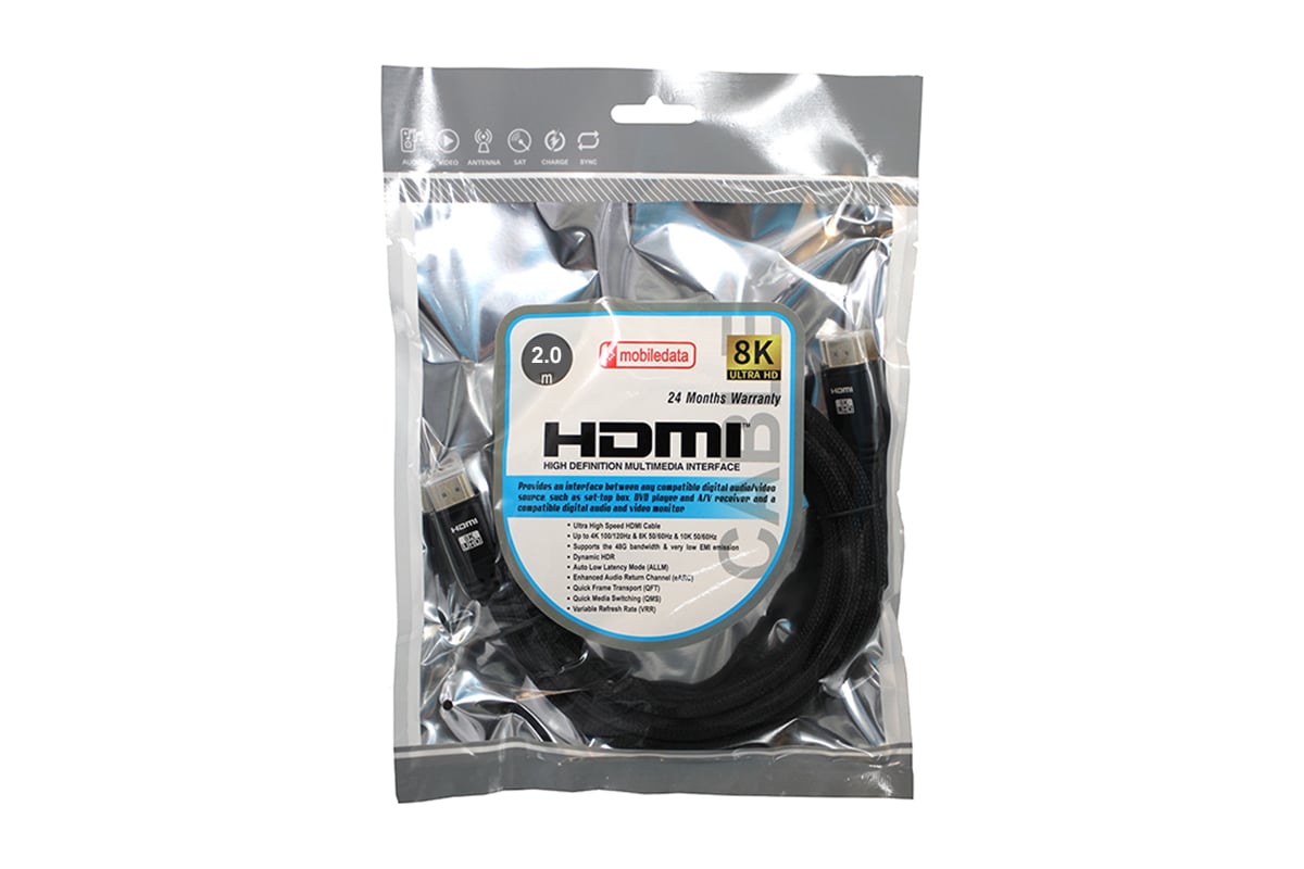 Кабель mobiledata HDMI - HDMI, V. 2.1, 8К, HDR, в нейлоновой оплетке, 2.0  м, HDMI-2.1-HDR-2.0 - выгодная цена, отзывы, характеристики, фото - купить  в Москве и РФ