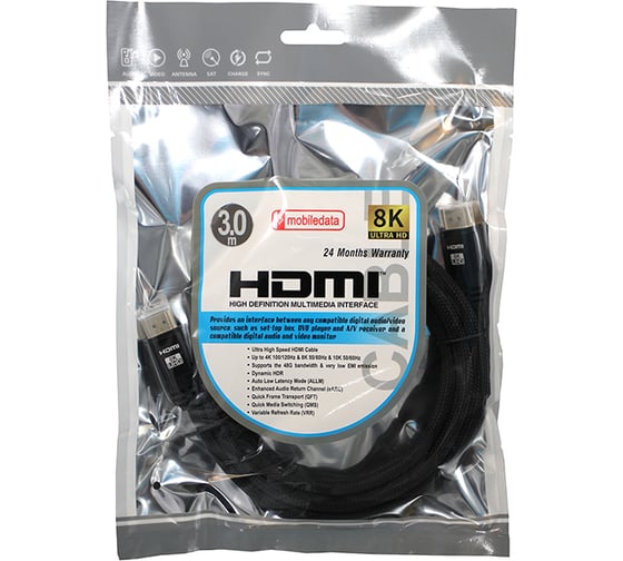 Кабель mobiledata HDMI-HDMI, V. 2.1, 8К, HDR, в нейлоновой оплетке, 3.0 м, HDMI-2.1-HDR-3.0