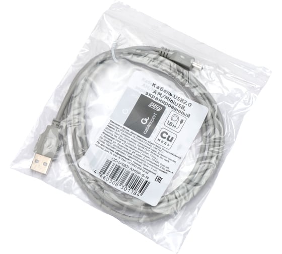 Кабель Cablexpert USB2.0 AM/MiniUSB, медь, экран, Pro, 1.8м серый, пакет, CC-USB2-AM5P-6-N