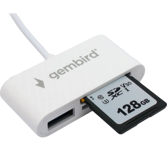Картридер Gembird Type-C (2.0) 3в1: SD, TF (MicroSD), USB2.0, кабель 10см, белый, FD2-MSD-2