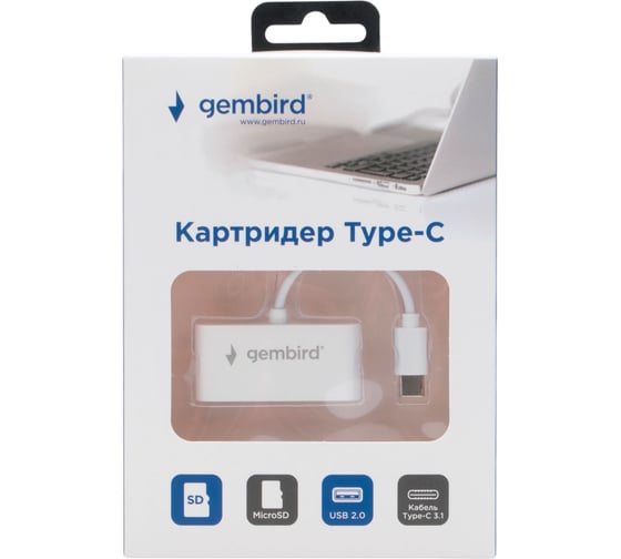 Картридер Gembird Type-C (2.0) 3в1: SD, TF (MicroSD), USB2.0, кабель 10см, белый, FD2-MSD-2