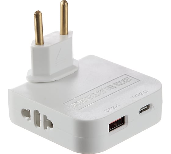 Поворотный тройник разветвитель для розетки idealim с USB и TypeC white USB + TypeC