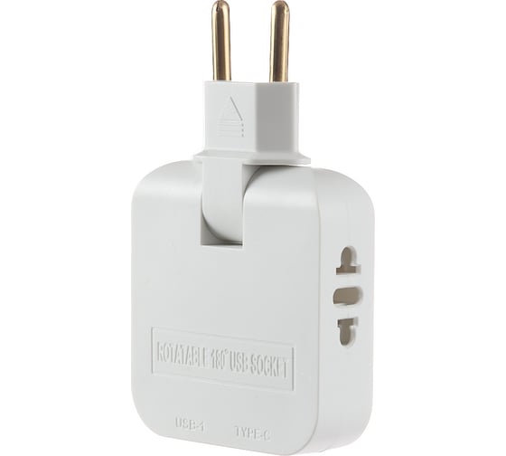 Поворотный тройник разветвитель для розетки idealim с USB и TypeC white USB + TypeC