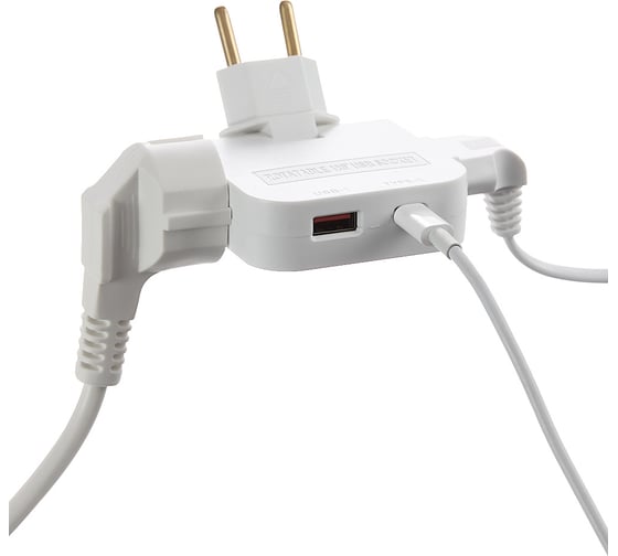 Поворотный тройник разветвитель для розетки idealim с USB и TypeC white USB + TypeC