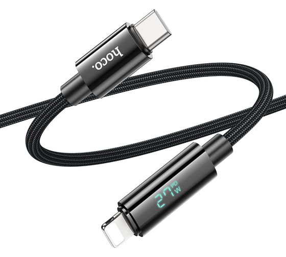 Кабель USB2.0 Type-C/Lightning, 2.4А, с дисплеем, U125, 1.2м, черный, коробка, Hoco 6942007611879