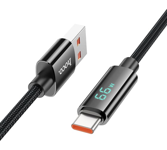 Кабель USB2.0 АM/Type-C, 5А, с дисплеем, U125, 1.2м, черный, коробка, Hoco 6942007611916 1