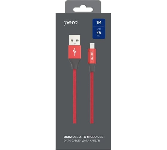Дата-кабель PERO DC-02 micro-USB, 2А, 1м, красный PRDC-02MU1MR