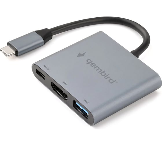 Док-станция Gembird Type-C 3в1: USB3.1, PD100W, HDMI, кабель 15см, алюминий, UHB-D2