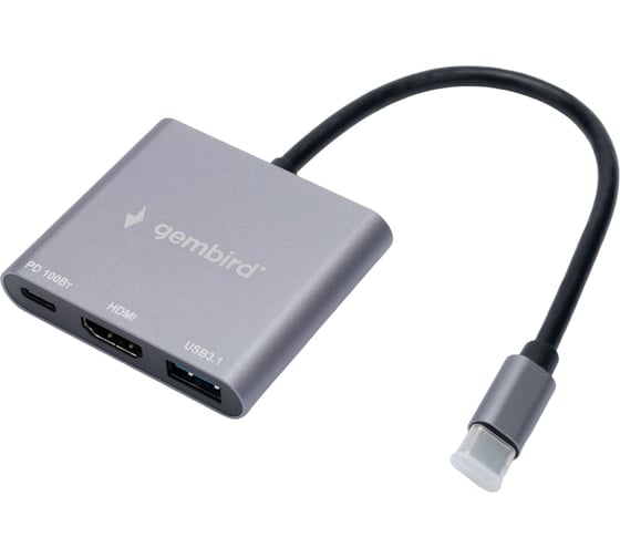 Док-станция Gembird Type-C 3в1: USB3.1, PD100W, HDMI, кабель 15см, алюминий, UHB-D2 1