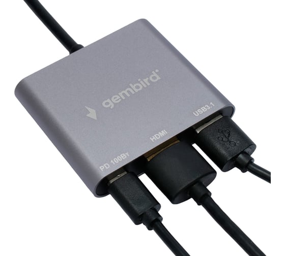 Док-станция Gembird Type-C 3в1: USB3.1, PD100W, HDMI, кабель 15см, алюминий, UHB-D2