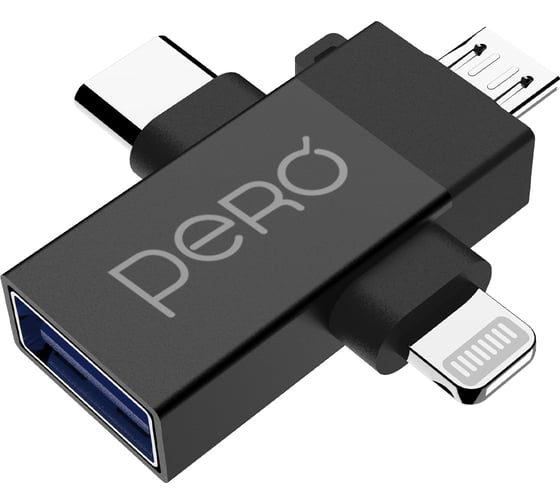 Адаптер Pero AD14 OTG LIGHTNING+USB-C+MICRO-USB TO USB 3.0, черный PRAD14BL