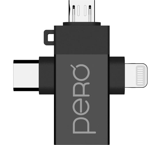 Адаптер Pero AD14 OTG LIGHTNING+USB-C+MICRO-USB TO USB 3.0, черный PRAD14BL