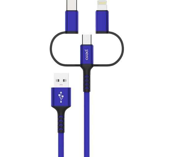 Дата-кабель PERO DC-06 Universal 3 in 1 (Lightning/micro USB/Type-C), 3А, 1м, синий PRDC-06U1MBL