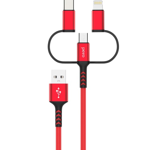 Дата-кабель PERO DC-06 Universal 3 in 1 (Lightning/micro USB/Type-C), 2А, 2м, красный PRDC-06U2MR