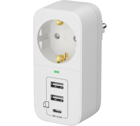 Адаптер сетевой, разветвитель тройник с USB-A + USB-C, 16А с заземлением, ФОТОН, белый 25726