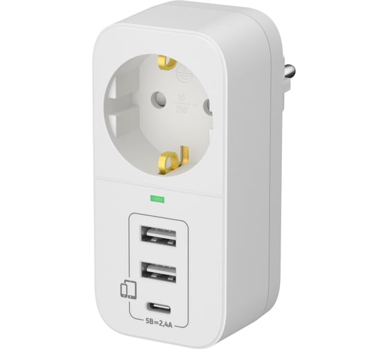 Адаптер сетевой ФОТОН AM 16-1E-USB/A2C1, 16А, с заземл., 2 USB-A + USB-C, 2,4A, белый 25726