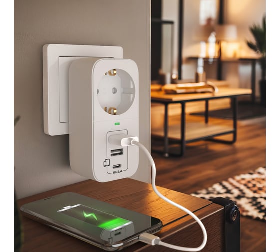 Адаптер сетевой ФОТОН AM 16-1E-USB/A2C1, 16А, с заземл., 2 USB-A + USB-C, 2,4A, белый 25726