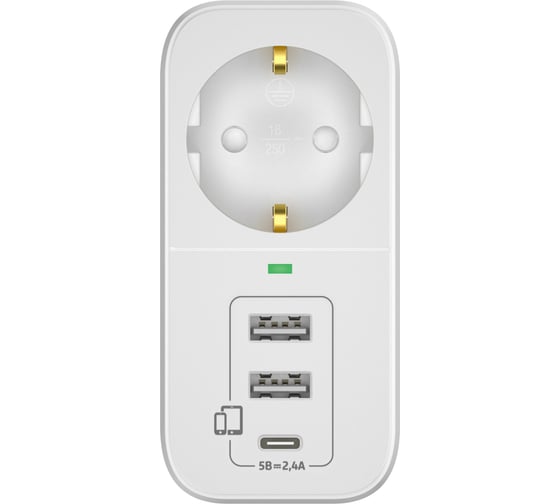 Адаптер сетевой ФОТОН AM 16-1E-USB/A2C1, 16А, с заземл., 2 USB-A + USB-C, 2,4A, белый 25726