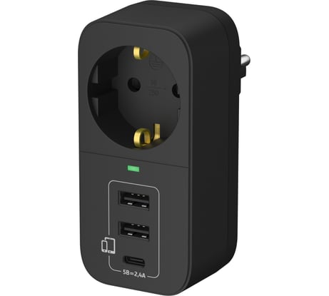 Адаптер сетевой, разветвитель тройник с USB-A + USB-C, 16А с заземлением, ФОТОН, черный 25727