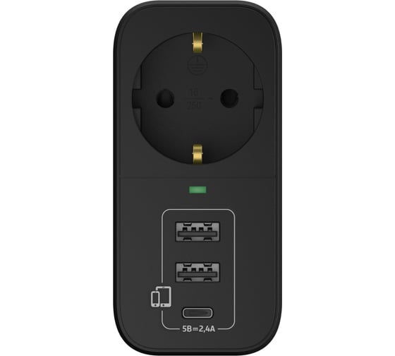 Адаптер сетевой ФОТОН AM 16-1E-USB/A2C1, 16А, с заземл., 2 USB-A + USB-C, 2,4A, черный 25727
