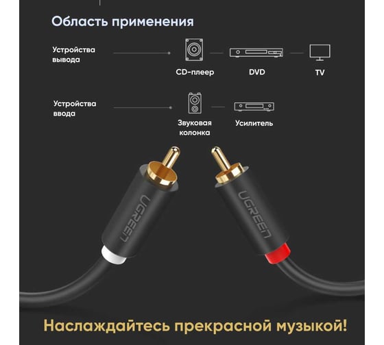 Кабель Ugreen AV104 2RCA Male to 2RCA Male Cable, длина 5м. цвет черный 10520_