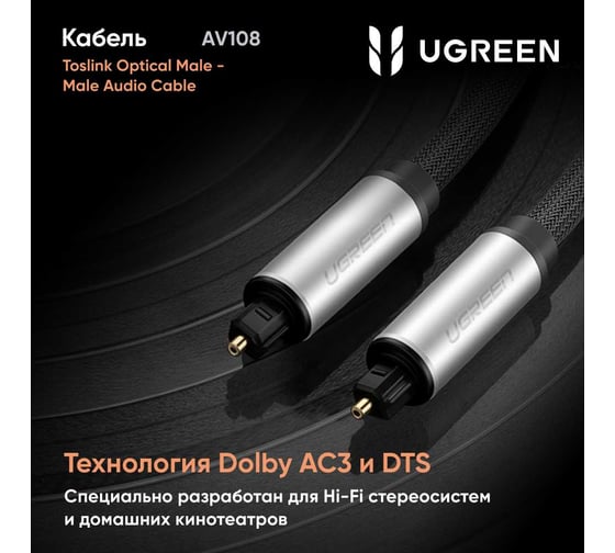 Кабель Ugreen AV108 Toslink Optical Male To Male Audio Cable, длина 2м. цвет серебристо-черный 10540_