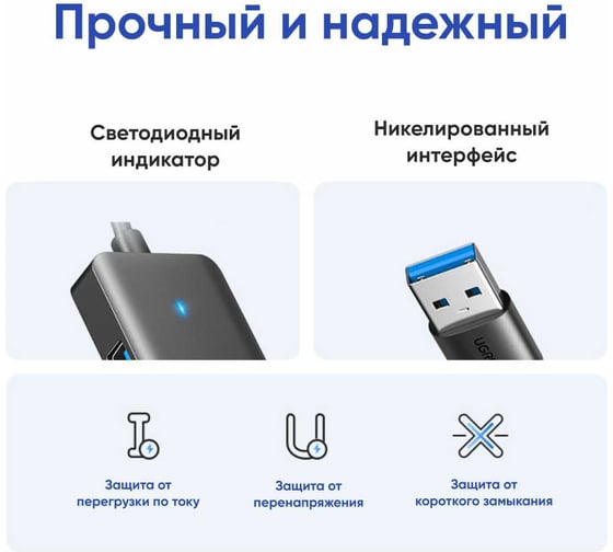 Хаб Ugreen CM219 (35574) 4-Port USB 3.0 Hub with USB-C power port. Длина кабеля: 1м. цвет черный 35574_