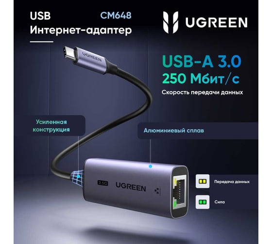 Адаптер Ugreen CM648 () USB-C 3.1 to RJ45 2.5G Ethernet Adapter. Цвет: серый 25052