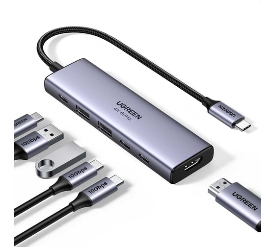 Конвертер Ugreen CM511 (35999) USB-C to HDMI+2USB-A 3.2+2USB 3.2 C+PD Power Converter. Цвет: серый 35999_